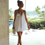 White Glam Babydoll Rhinestone-Strap Mini Homecoming Dress With Scalloped-Hem