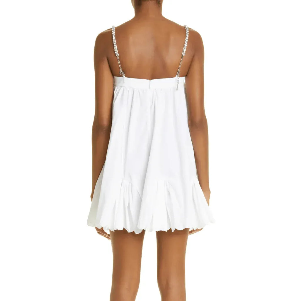 White Glam Babydoll Rhinestone-Strap Mini Homecoming Dress With Scalloped-Hem