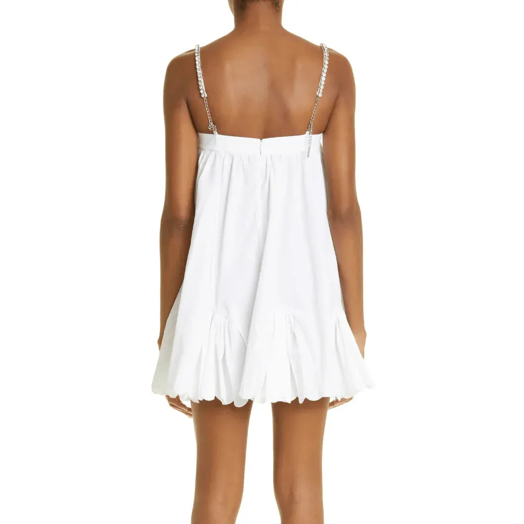 White Glam Babydoll Rhinestone-Strap Mini Homecoming Dress With Scalloped-Hem