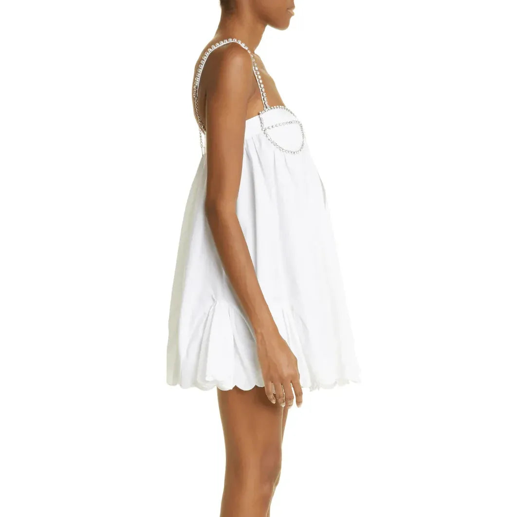 White Glam Babydoll Rhinestone-Strap Mini Homecoming Dress With Scalloped-Hem