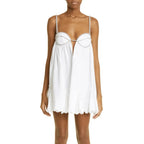 White Glam Babydoll Rhinestone-Strap Mini Homecoming Dress With Scalloped-Hem