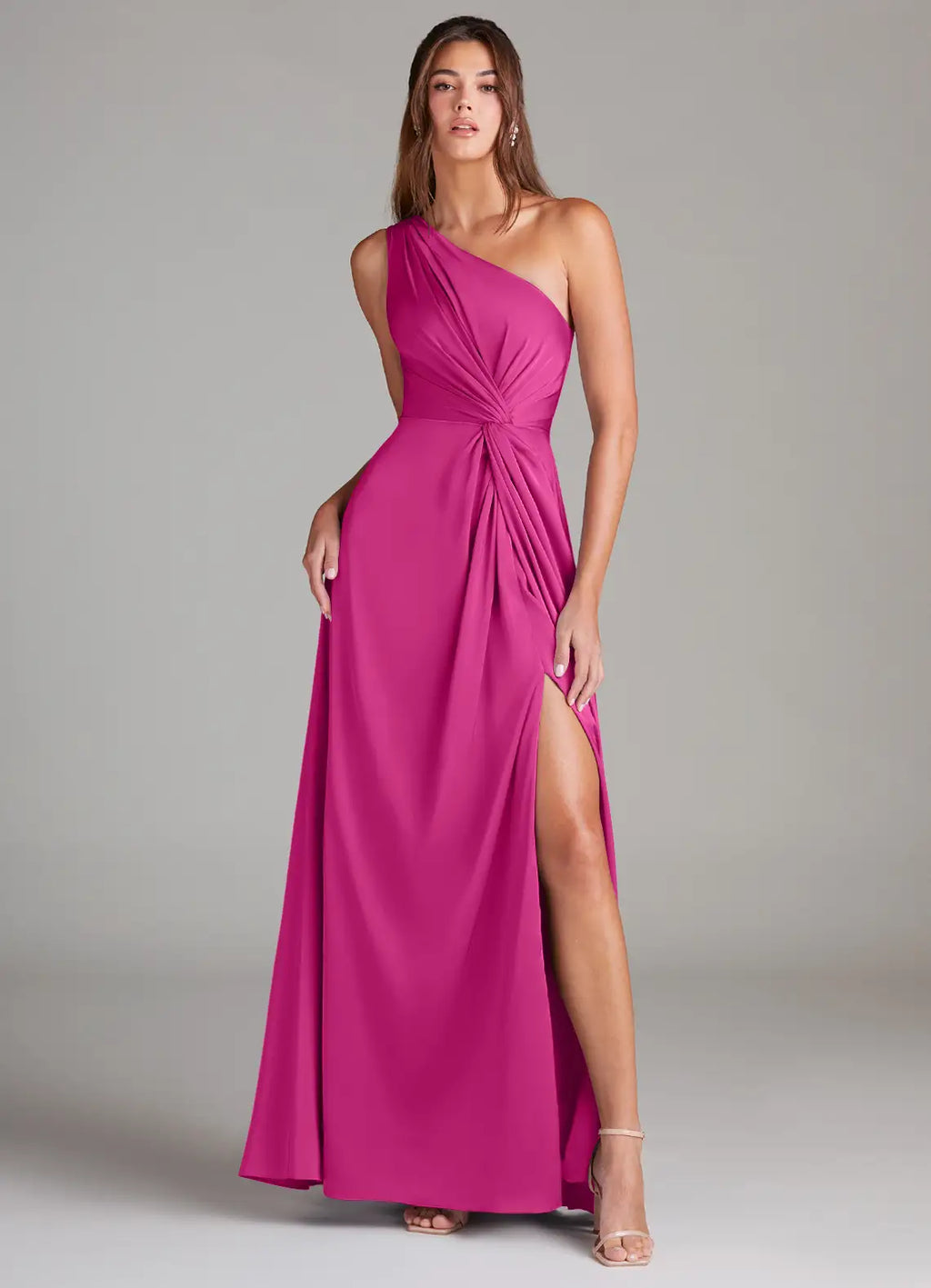 Glam fuchsia satin bridesmaid dress with one-shoulder, twisted waist detail, high slit and A-line skirt