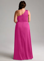 Glam fuchsia satin bridesmaid dress with one-shoulder, twisted waist detail, high slit and A-line skirt