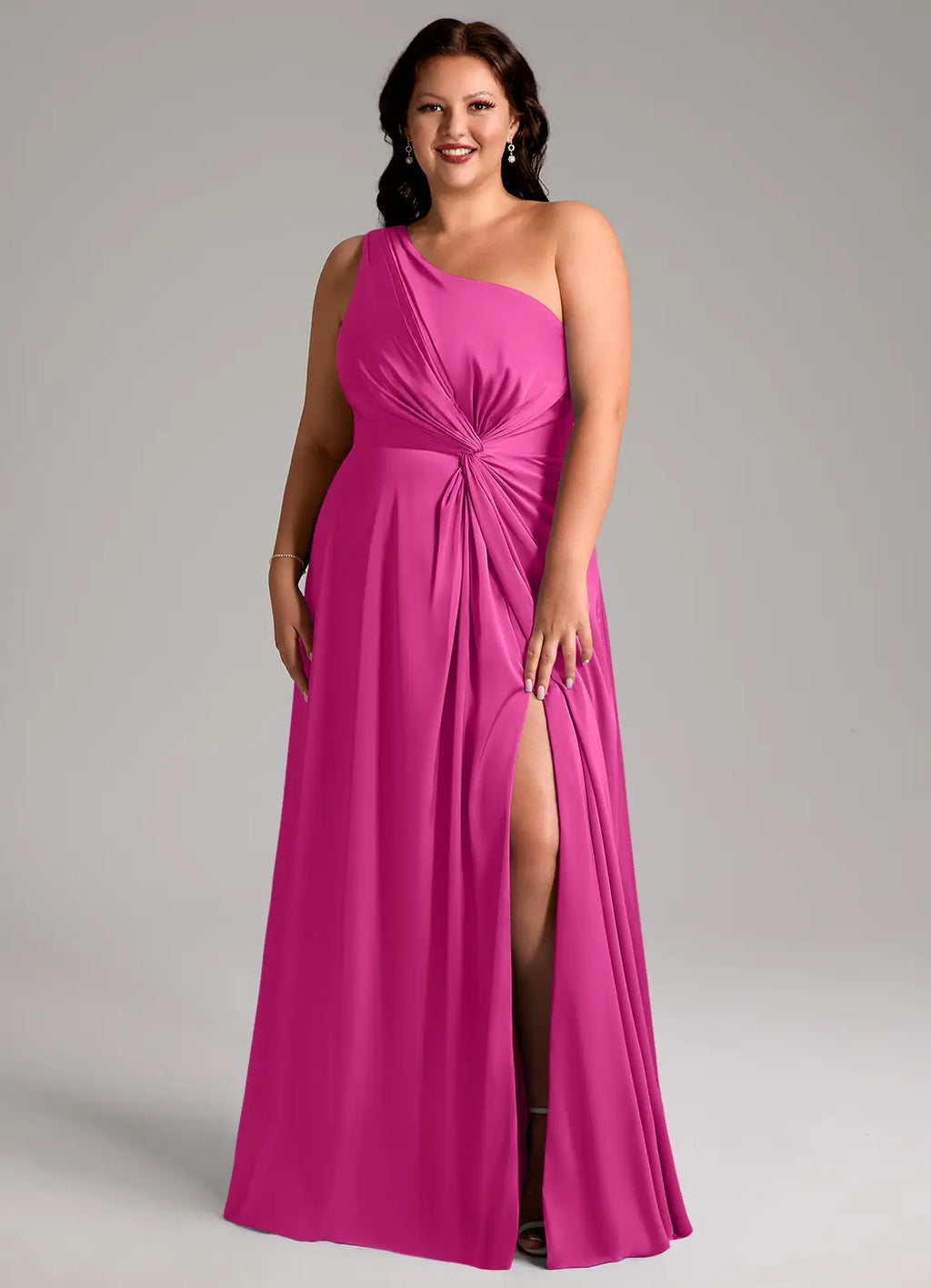 Glam fuchsia satin bridesmaid dress with one-shoulder, twisted waist detail, high slit and A-line skirt