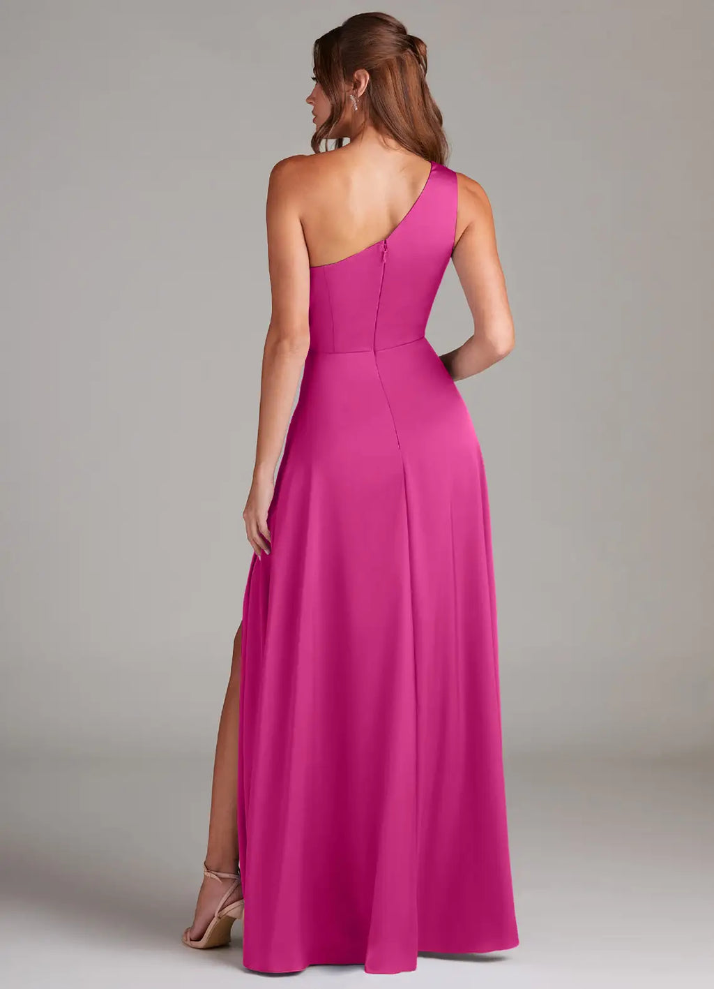 Glam fuchsia satin bridesmaid dress with one-shoulder, twisted waist detail, high slit and A-line skirt