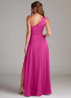 Glam fuchsia satin bridesmaid dress with one-shoulder, twisted waist detail, high slit and A-line skirt