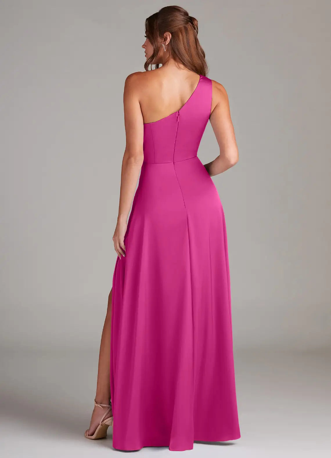 Glam fuchsia satin bridesmaid dress with one-shoulder, twisted waist detail, high slit and A-line skirt