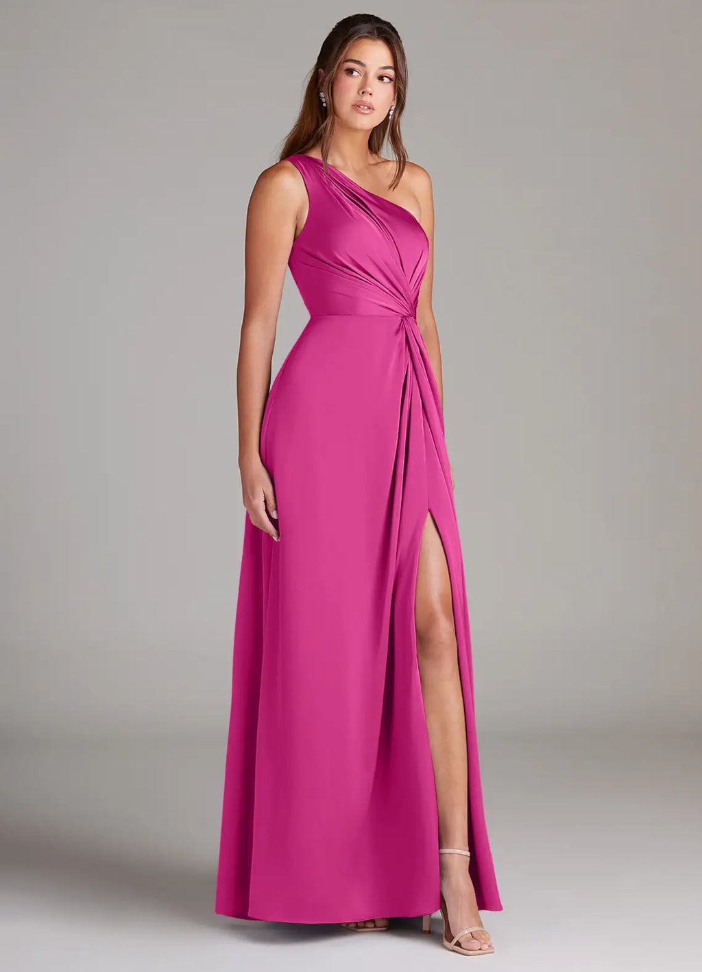 Glam fuchsia satin bridesmaid dress with one-shoulder, twisted waist detail, high slit and A-line skirt