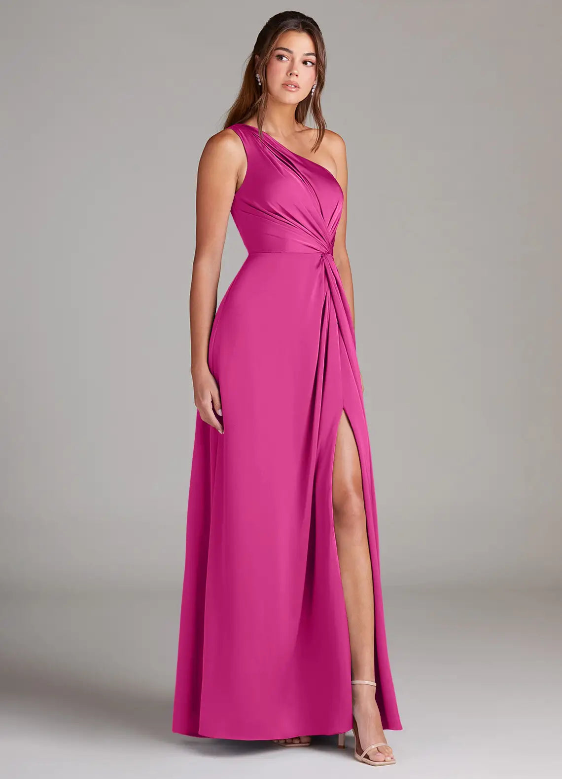 Glam fuchsia satin bridesmaid dress with one-shoulder, twisted waist detail, high slit and A-line skirt