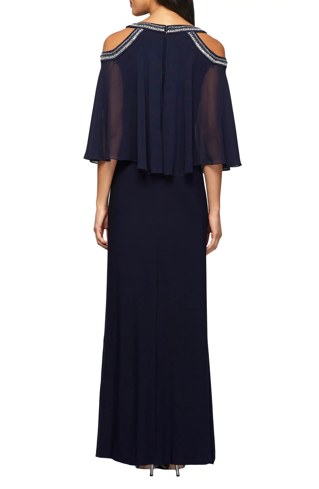 Glamorous A Line Cold Shoulder Cape Sleeve Plain Back Floor Length Evening Dress