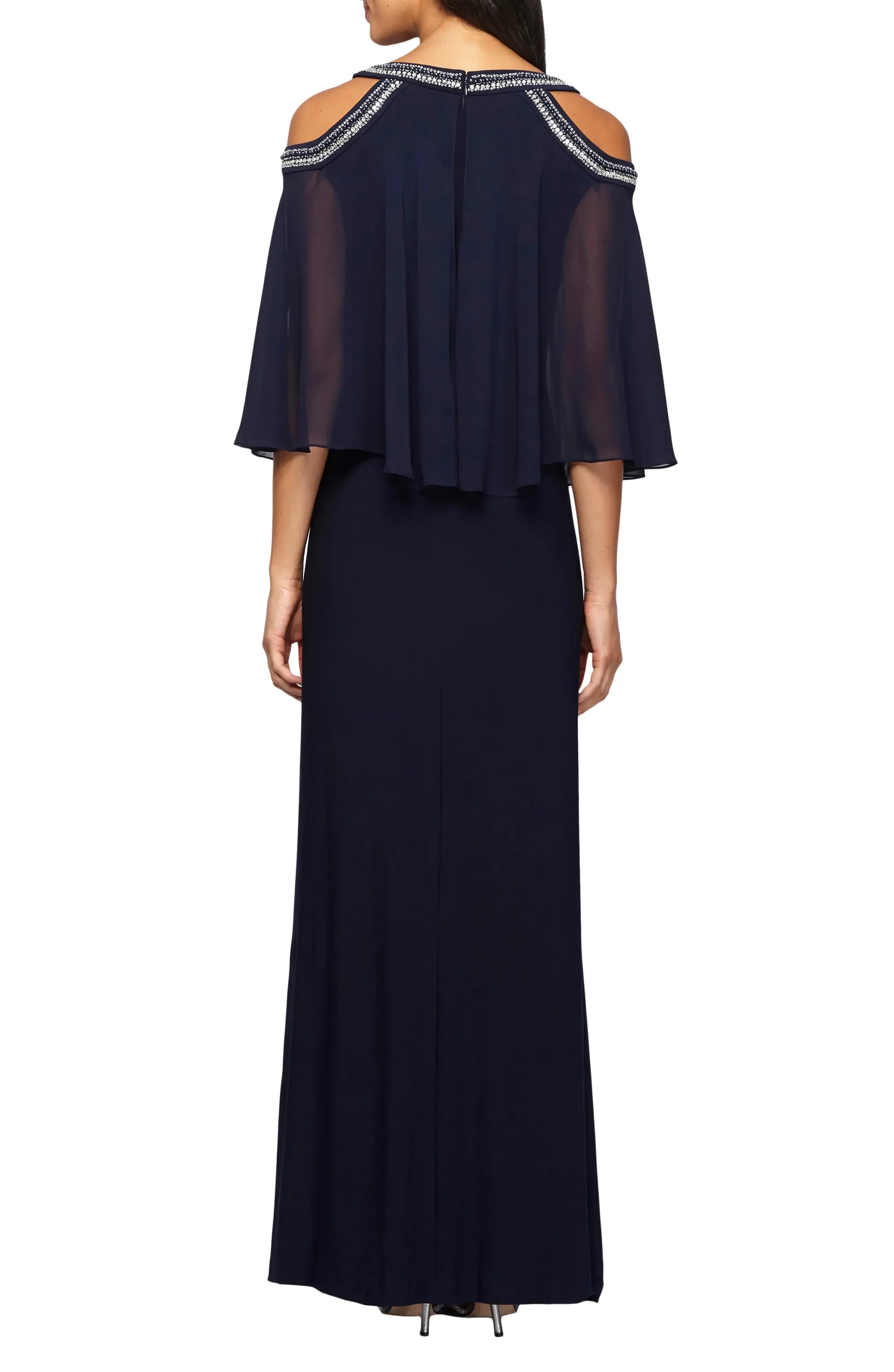 Glamorous A Line Cold Shoulder Cape Sleeve Plain Back Floor Length Evening Dress