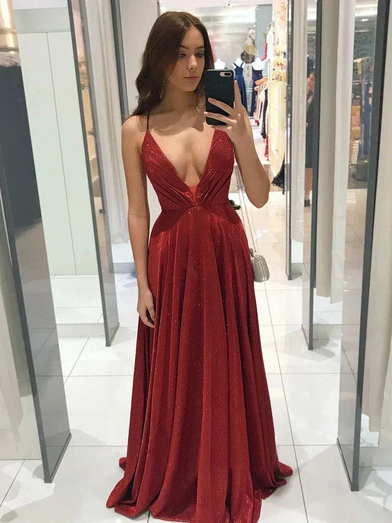 A-Line Deep V-Neck Spaghetti Strap Glitter Maxi Prom Dress