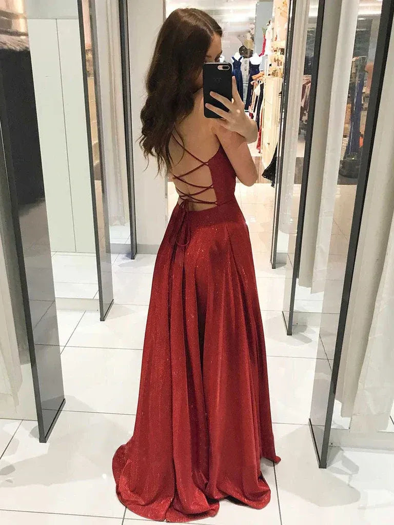 A-Line Deep V-Neck Spaghetti Strap Glitter Maxi Prom Dress