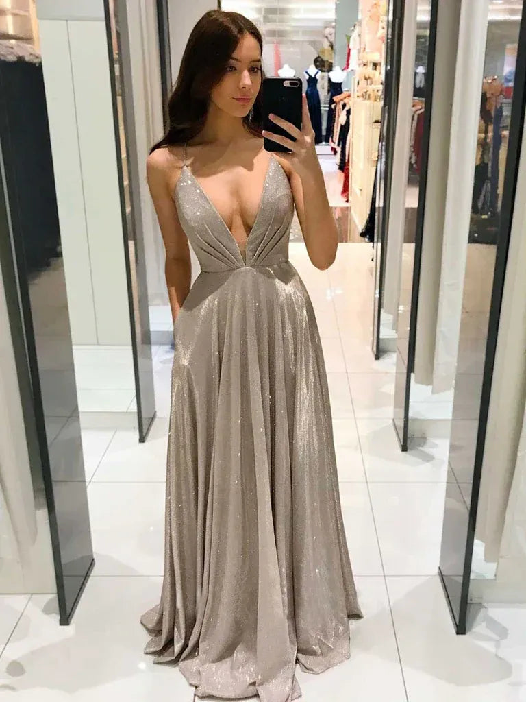 A-Line Deep V-Neck Spaghetti Strap Glitter Maxi Prom Dress