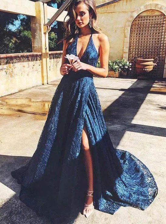 A-Line Halter Neck Split Prom Dress