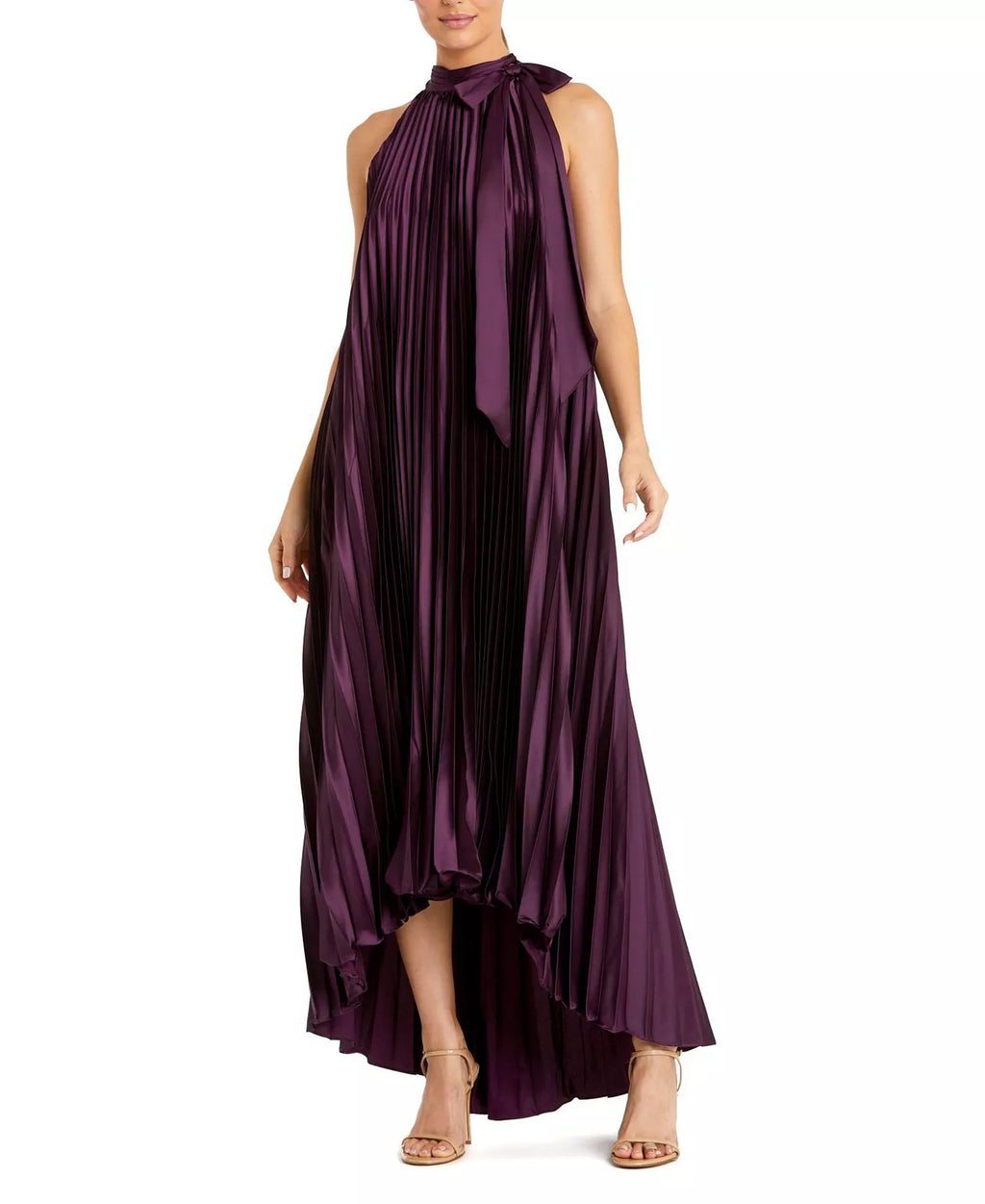 Glamorous A Line Halter Neck Pleated Bodice Bow Back Hi Low For Women Prom Dress ﻿