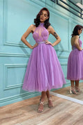 A-Line Halter Neck Sheer Beaded Cocktail Midi Dress