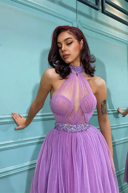 A-Line Halter Neck Sheer Beaded Cocktail Midi Dress