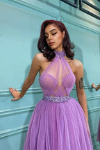 A-Line Halter Neck Sheer Beaded Cocktail Midi Dress