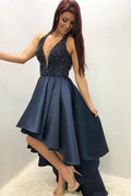 A-Line Halter Neck Sleeveless Beaded High Low Prom Dress