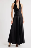 Glamorous A Line Halter Neck Sleeveless Open Back Floor Length Evening Dress