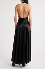 Glamorous A Line Halter Neck Sleeveless Open Back Floor Length Evening Dress