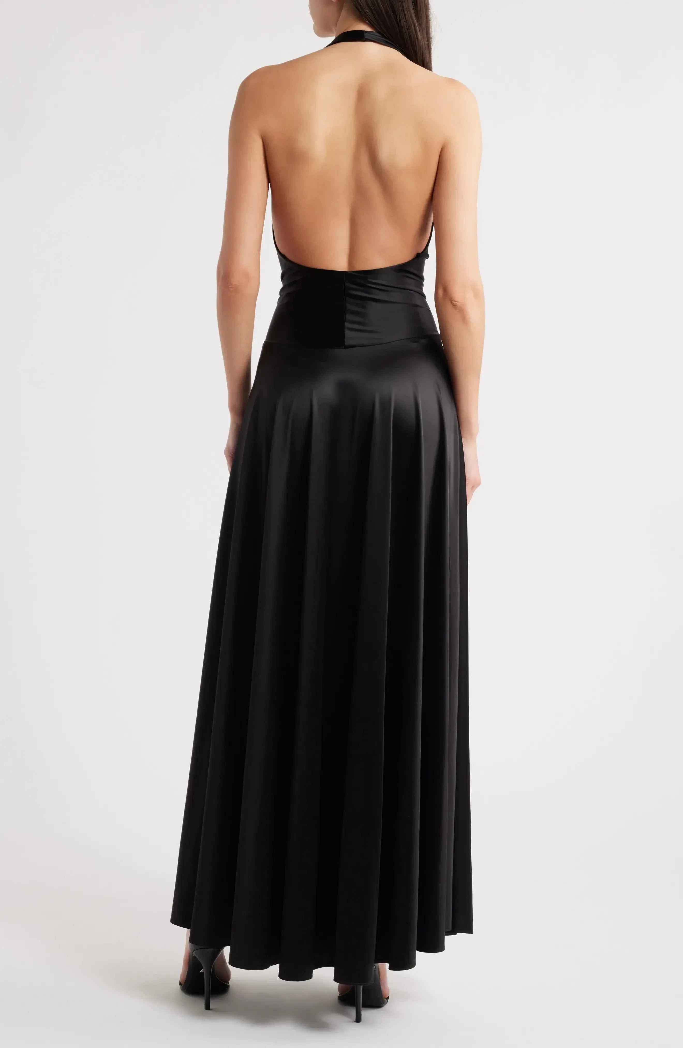 Glamorous A Line Halter Neck Sleeveless Open Back Floor Length Evening Dress