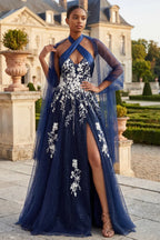 A-Line Halter Sheer Sleeve Floral Maxi Evening Dress