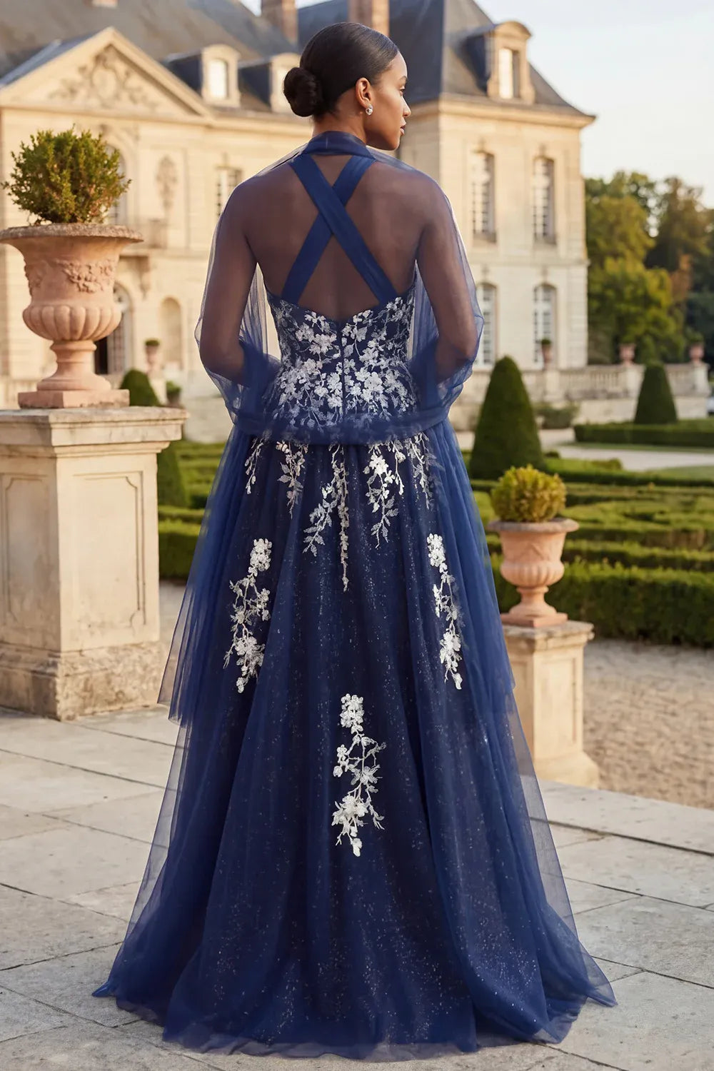 A-Line Halter Sheer Sleeve Floral Maxi Evening Dress