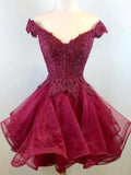 A-Line Off Shoulder Short Sleeve Beaded Mini Homecoming Dress