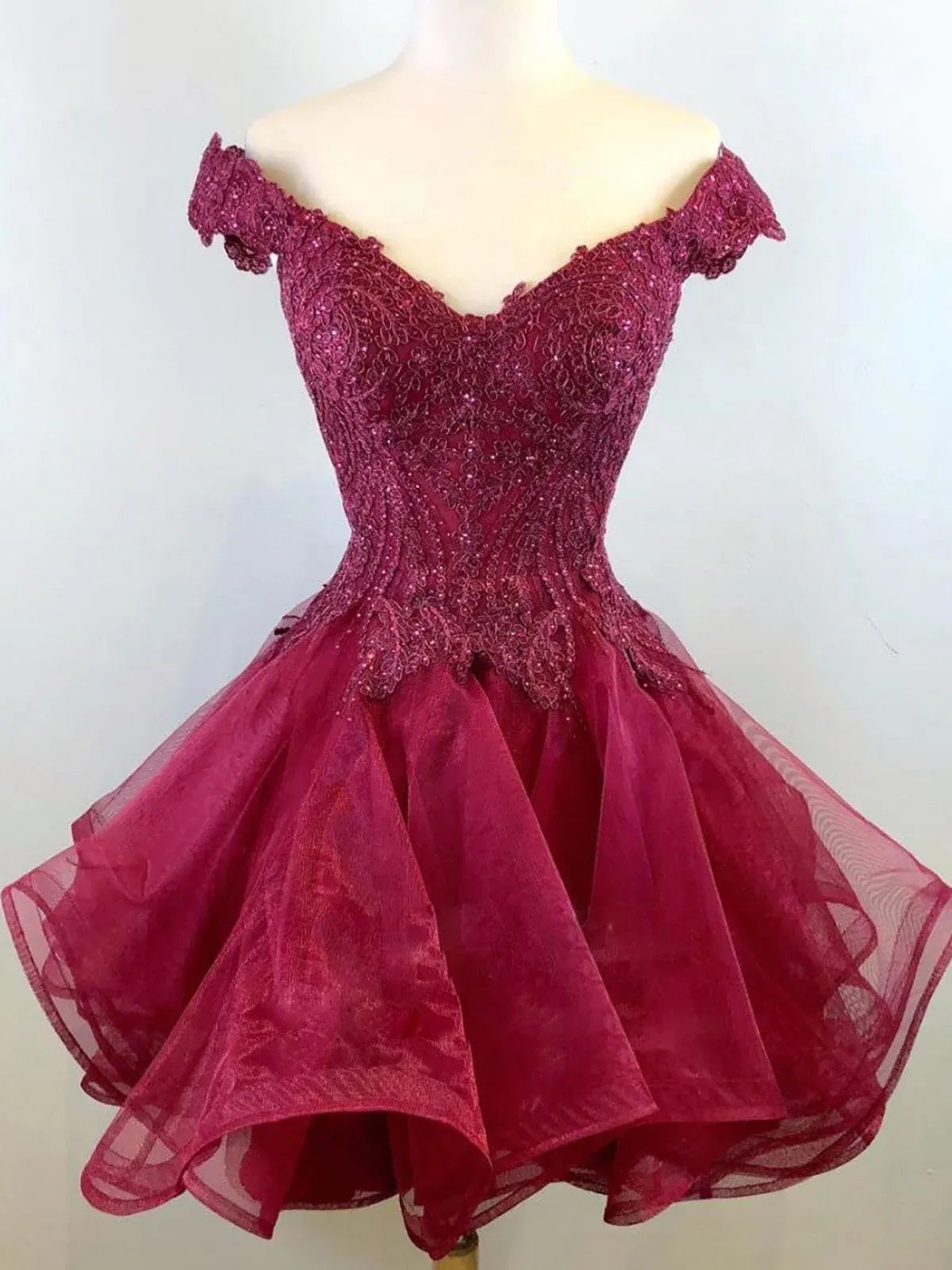 A-Line Off Shoulder Short Sleeve Beaded Mini Homecoming Dress