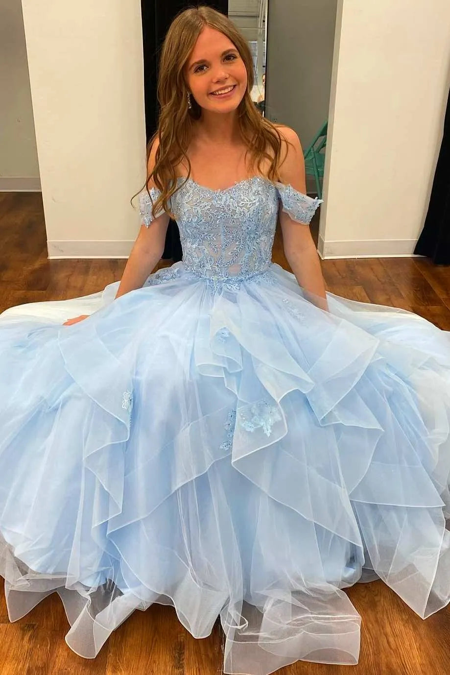 A-Line Off Shoulder Short Sleeve Maxi Prom Dress