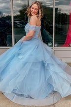 A-Line Off Shoulder Short Sleeve Maxi Prom Dress