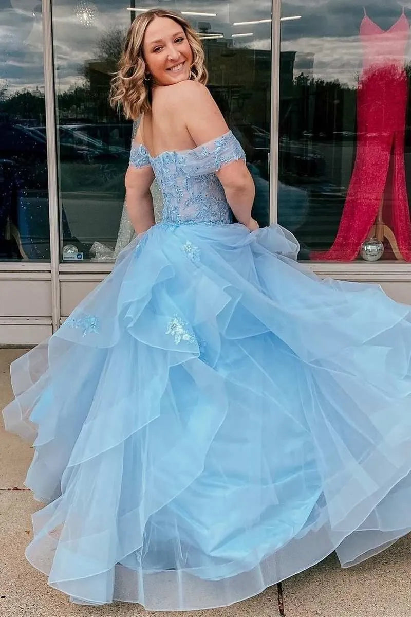 A-Line Off Shoulder Short Sleeve Maxi Prom Dress