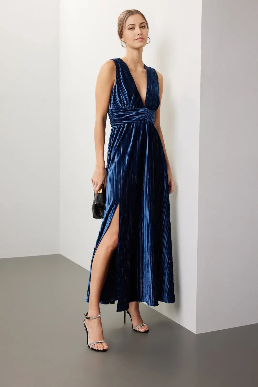 Glamorous A Line Plunge Neck Sleeveless Ruched Waist Floor Length Plus Size Prom Dress