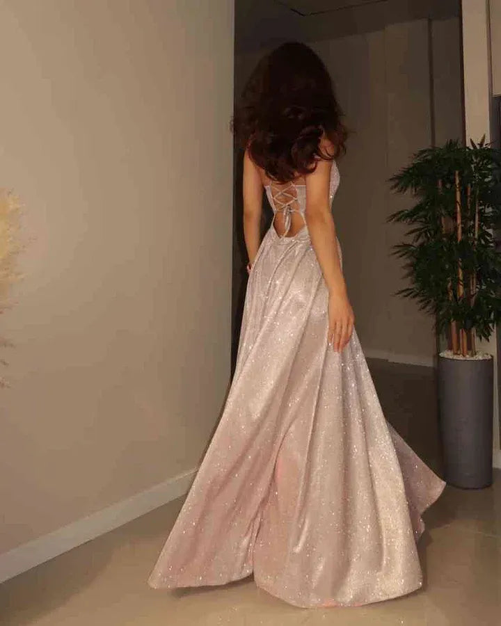 A-Line Spaghetti-Strap Sleeveless Lace-Up-Back Slit Maxi Evening Dress