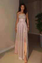 A-Line Spaghetti-Strap Sleeveless Lace-Up-Back Slit Maxi Evening Dress