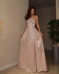 A-Line Spaghetti-Strap Sleeveless Lace-Up-Back Slit Maxi Evening Dress