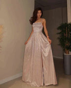 A-Line Spaghetti-Strap Sleeveless Lace-Up-Back Slit Maxi Evening Dress