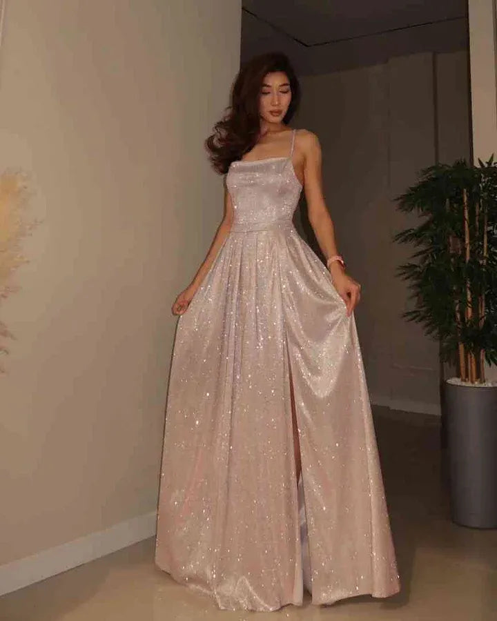 A-Line Spaghetti-Strap Sleeveless Lace-Up-Back Slit Maxi Evening Dress