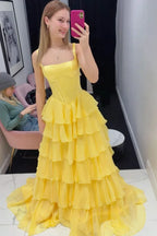 A-Line Square Neck Corset Tiered Ruffle Prom Dress With High Slit