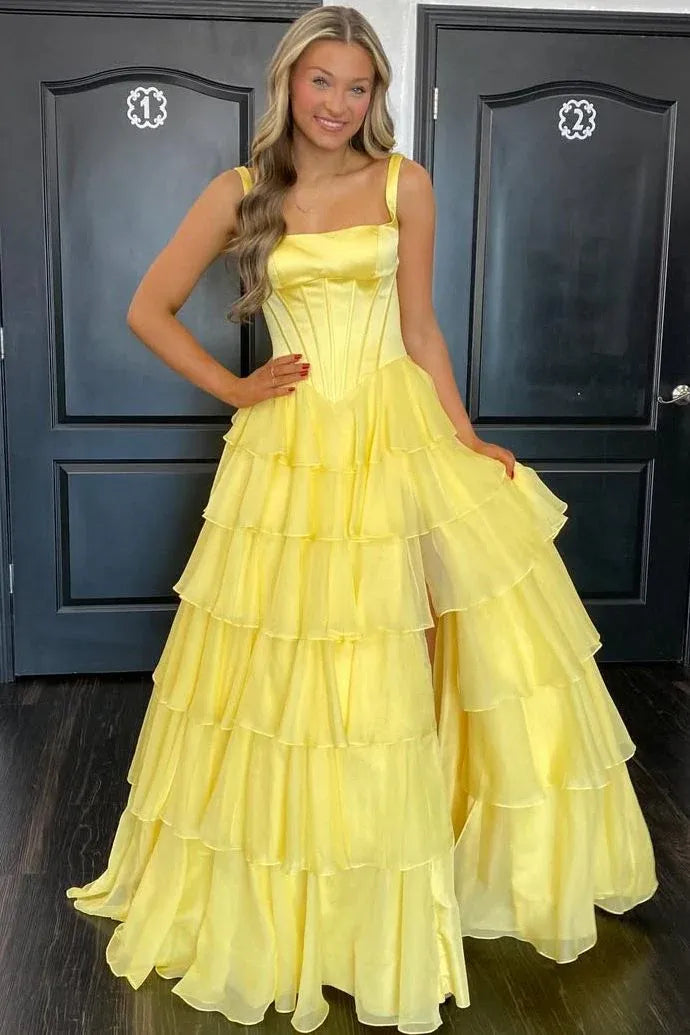 A-Line Square Neck Corset Tiered Ruffle Prom Dress With High Slit