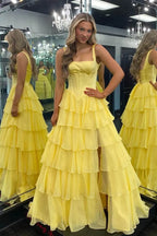 A-Line Square Neck Corset Tiered Ruffle Prom Dress With High Slit