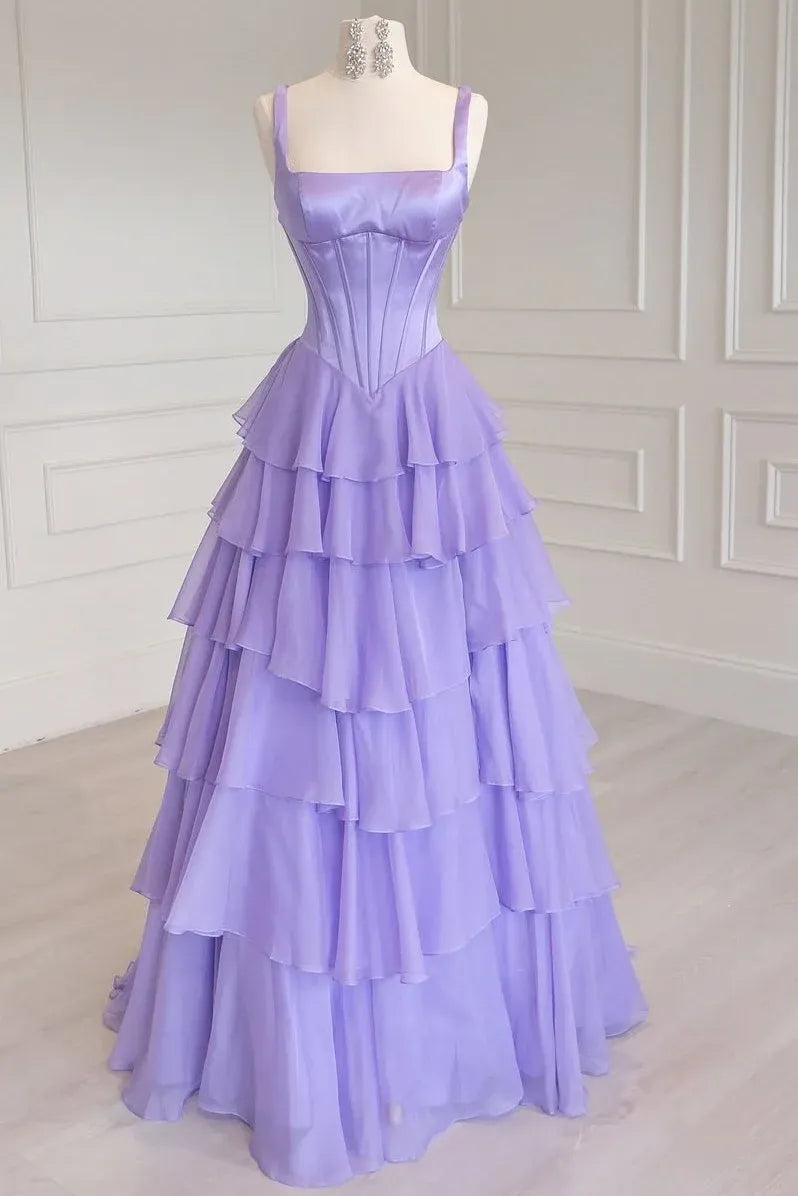 A-Line Square Neck Corset Tiered Ruffle Prom Dress With High Slit