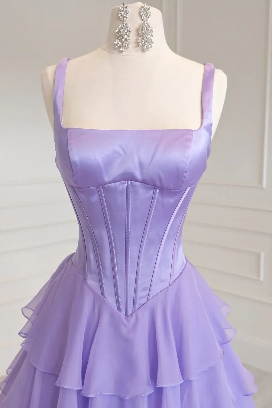 A-Line Square Neck Corset Tiered Ruffle Prom Dress With High Slit