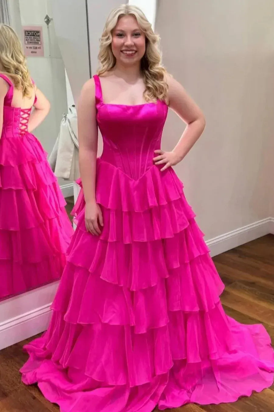 A-Line Square Neck Corset Tiered Ruffle Prom Dress With High Slit