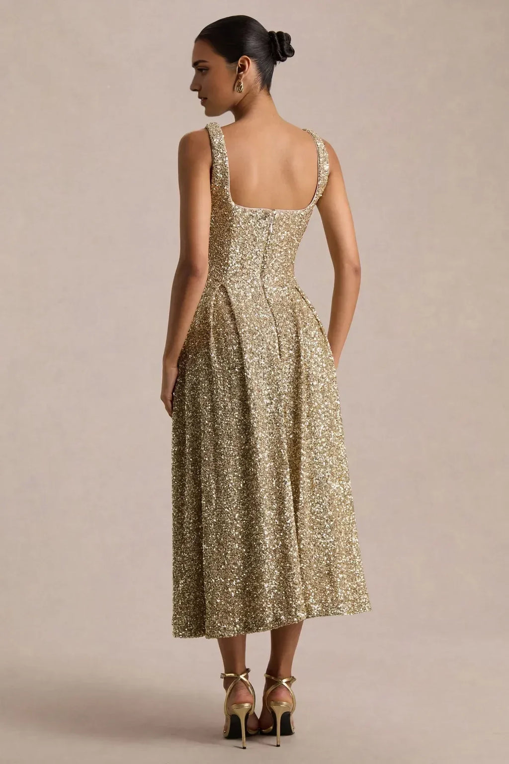 Glamorous A Line Square Neck Sleeveless Zip Back Midi Length Evening Dress