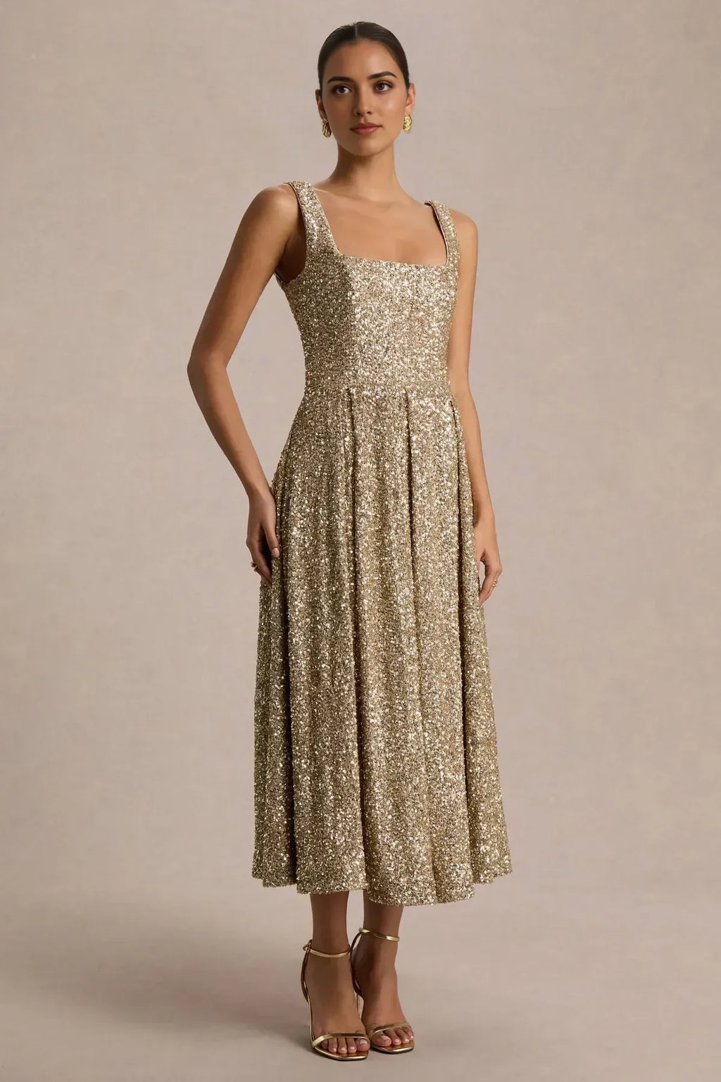 Glamorous A Line Square Neck Sleeveless Zip Back Midi Length Evening Dress