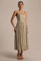 Glamorous A Line Square Neck Sleeveless Zip Back Midi Length Evening Dress