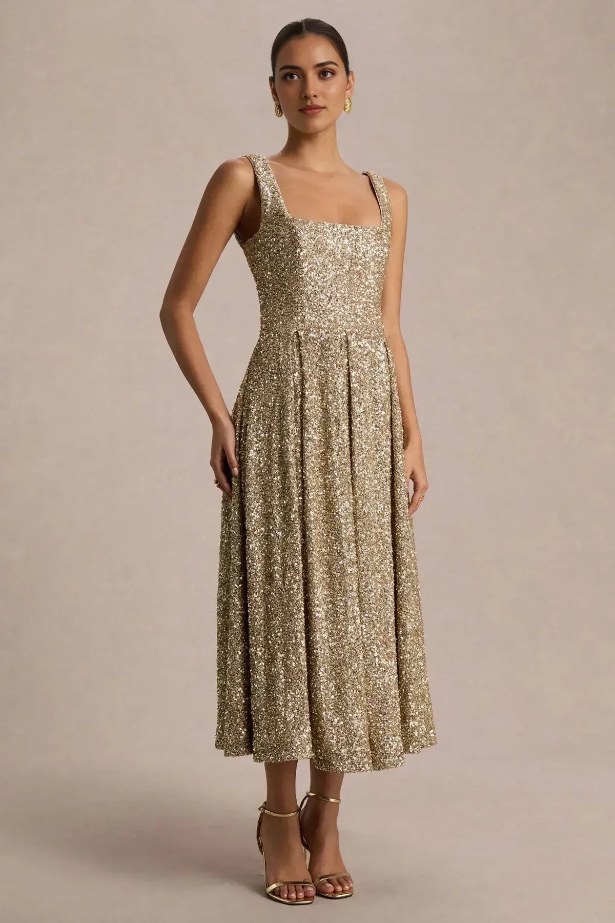 Glamorous A Line Square Neck Sleeveless Zip Back Midi Length Evening Dress